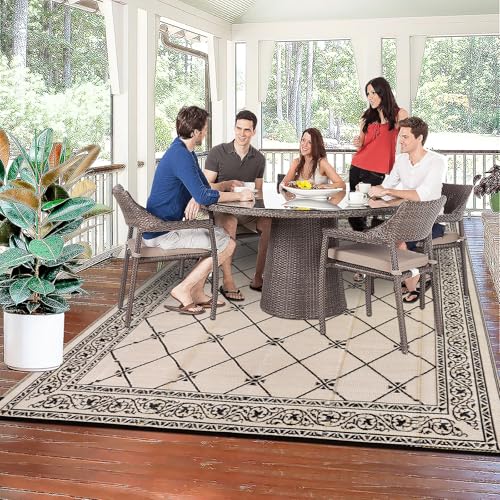 Outdoor Rug 8'x10' for Patios Waterproof Patio Rugs Outdoor Mats for Front Porch,Beach Mat,Reversible Plastic Straw Camping Rugs for Outside RV,Deck,Balcony,Backyard，Black&Beige - color: Black&beige&orange, size: 8' x 10'