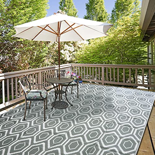 fifame Outdoor Camping Rugs, 9x12 Outdoor Rug Patios Clearance Plastic Straw Rug Weatherproof Reversible Mats, Large Floor Mat for Outdoors, RV, Patio, Backyard, Deck, Picnic, Beach, Trailer, Camping - color: Grey & White, size: 9' x 12'