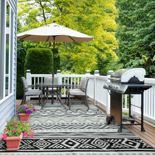 Lahome Outdoor Rug Waterproof, 5x8ft Reversible Outdoor Plastic Straw Rug for Camping, RV Patio Rugs Outside Carpet for Porch Deck Backyard Balcony Picnic(Grey/Black,5'x 8') - color: Black/Grey, size: 5'x8'