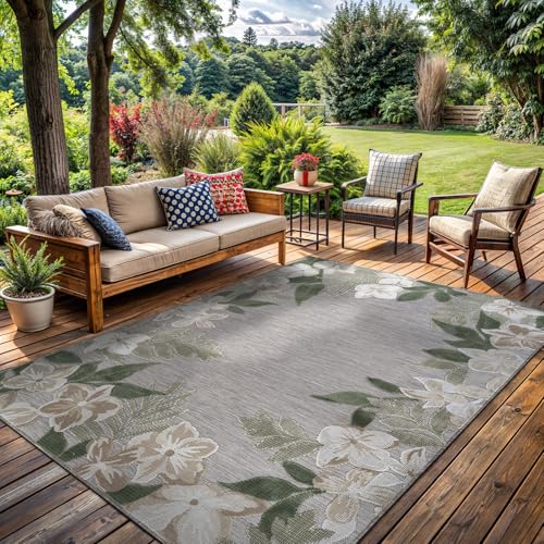 Outdoor Rug 8x10 Washable Area Rugs Indoor Outdoor Carpets Green Border Floral Non Shedding Waterproof Easy Clean Patio Deck Porch Living Room Bedroom Garden RV (8 X 10 Green) - color: 1-green, size: 8' x 10' (Rectangular)