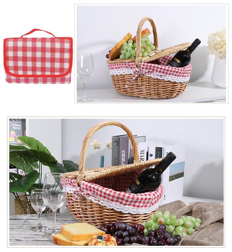 13.78" Wicker Picnic Basket with Picnic Cloth Vintage Picnic Basket with Removable Liner, Folding Handle and Lid Picnic Basket Set for Picnic, Camping, Outdoor, Valentine Day, Thanks Giving, Birthday