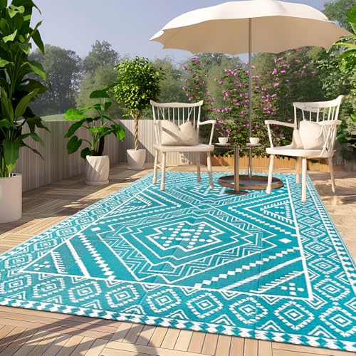 Waterproof Outdoor Rug 5x8 ft, Reversible Plastic Straw Mat, Large Floor Mat for Patio, Camping, Picnic, Backyard RV, Deck, Teal - color: Teal, size: 5' x 8'