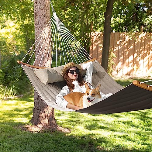 Double Hammock, 11 FT Quilted Fabric 2 Person Hammock for Outside with Pillow, Folding Curved Spreader Bar, Chains, Carrying Bag, Indoor Outdoor, 450 IB Capacity, BlanchedAlmond - color: Blanchedalmond