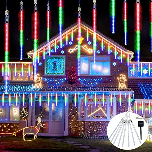 JMEXSUSS Solar Meteor Shower Rain Lights, 8 Tube 144 LEDs Multicolor Solar Christmas Lights, Led Falling Rain Christmas Light for Xmas Tree Wedding Holiday Party Patio Decoration - color: Multicolor, size: 1*144LED