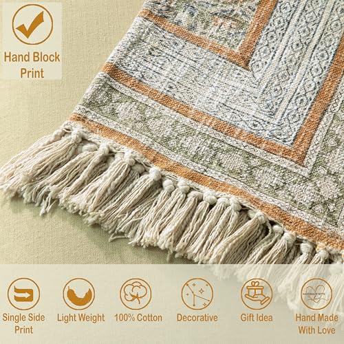 100% Pure Cotton Handblock Printed Throw Blanket, Soft 50" x 60" Fringed Floral Print Throw for Couch, Sofa, Chair, Bed - Cozy, Machine Washable, Comfortable Home Decor - color: Fern Green