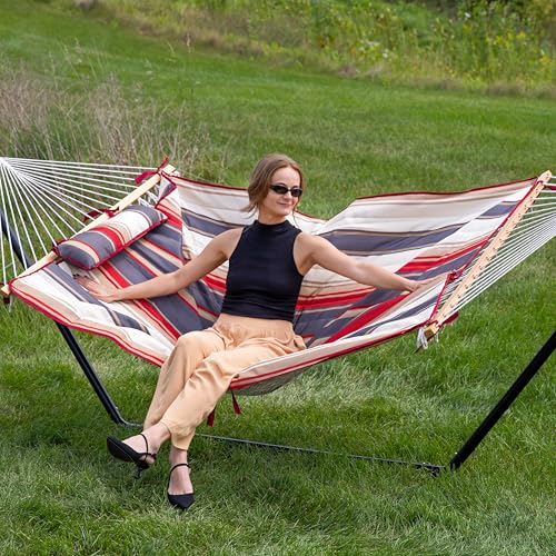 Sunnydaze Rope Hammock with Stand for Outside - Heavy Duty Freestanding Portable Outdoor Hammock Set with Quilted Pad, Pillow, and 12-Foot Steel Frame - 275 lb Capacity - Modern Lines - color: Modern Lines