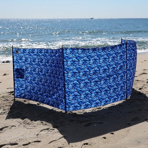 Ocean Camo Elite Beach Recycled Polyester Rip-Stop Extra Tall 42" Lightweight Windscreen, Privacy Screen, Wind Blocker, Free Matching Shoulder Bag (NEW Mahogany Wood Poles)