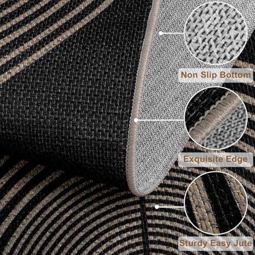 Rugalia Easy Jute Rainbow Runner Rug, 2x6 Black Washable Rugs Runner for Hallway Non-Slip Boho Farmhouse Kitchen Runner Rug, Modern Abstract Indoor Outdoor Carpet for Porch Laundry Entryway - color: Black Rainbow, size: 2' x 6' (Runner)