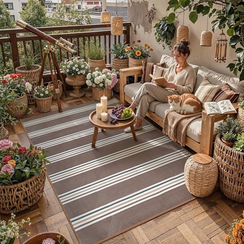PureCozy Outdoor Waterproof 6x9 Rug for Patio Reversible Plastic Straw Brown Striped Camping Mat Outside Lightweight Large Floor Mat for RV Deck Beach Balcony Picnic Backyard Entry Porch - color: Stripe | Brown, size: 6' x 9' (Rectangular)
