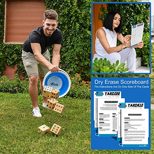 Giant Wooden Yard Dice – Splinter-Free and Crack-Proof Wood – Jumbo Size with Collapsible Bucket - 2 Dry Erase Score Cards - Indoor/Outdoor - Play Many Games – Fun and Engaging Game Time – Ideal Gift