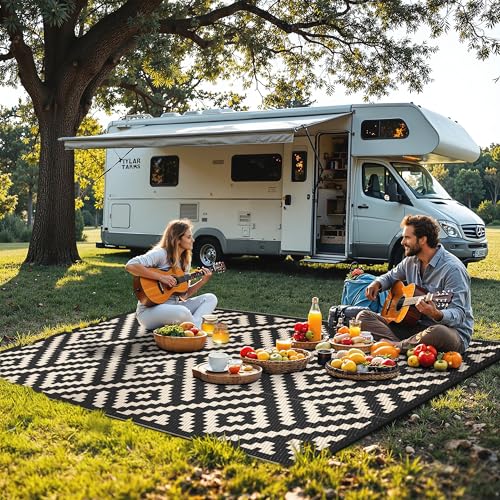 sarben Outdoor Rug for Patio - Waterproof Plastic Straw Camping Rugs 8x10 ft, Reversible Outdoor Indoor RV Mat Carpet for Patio, Porch, Deck, Balcony, Picnic, Beach, Black Beige - color: Black&beige, size: 8' x 10' (Rectangular)