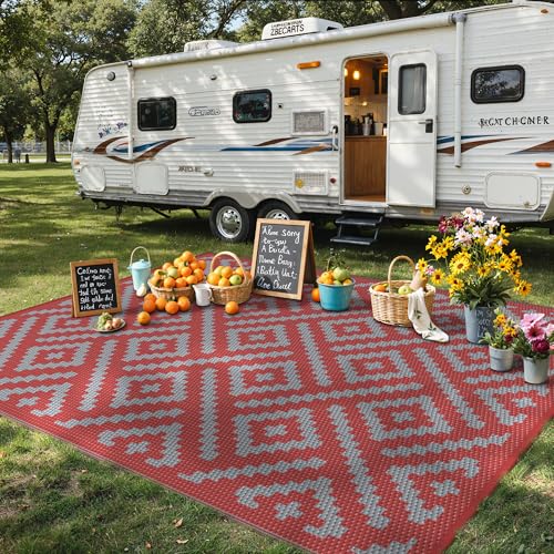 GENIMO Outdoor Rug for Patio Clearance, 8'x10' Reversible Plastic Straw Rugs, Lightweight Waterproof RV Camping Mat for Camper, Balcony, Deck, Backyard, Picnic, Red Grey - color: Red & Grey, size: 8' X 10' (Rectangular)