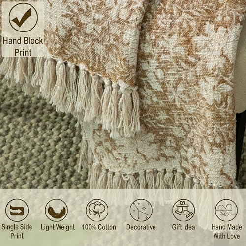 100% Pure Cotton Handblock Printed Throw Blanket, Soft 50" x 60" Fringed Floral Print Throw for Couch, Sofa, Chair, Bed - Cozy, Machine Washable, Comfortable Home Decor - color: Floral Cider Brown