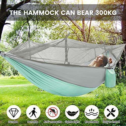 Camping Hammock with Mosquito Net & Rain Fly Tent Tarp & Tree Straps Portable Strong Nylon Hammock Parachute Tent w/Storage Bag for Camping Hiking Backyard Outdoor Backpacking Travel - color: Mint Green