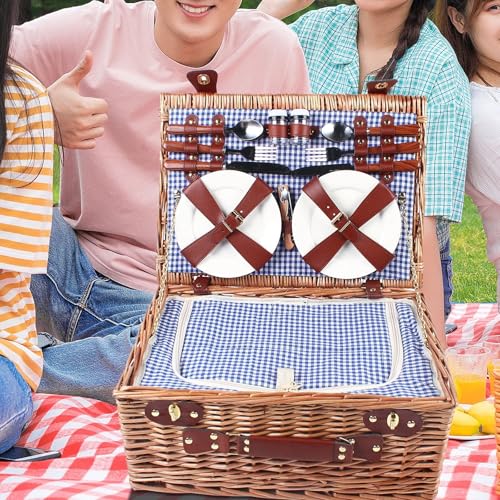 Blue 4 Persons Wicker Large Insulated Cooler Compartment with Lid and Handle Picnic Basket Set