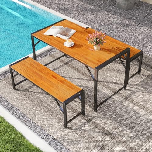 Tangkula 3 Pieces Patio Dining Set for 6 People, Outdoor Picnic Table & 2 Benches, 53” Acacia Wood Dining Table w/Metal Frame, Space-Saving Dinette Set for Garden Porch Poolside Yard Balcony