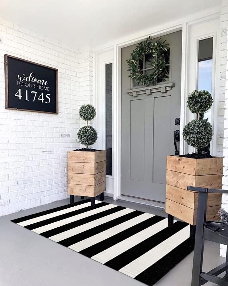 LEEVAN Black and White Striped Door Mat 2'x4' Washable Front Porch Rug Cotton Woven Reversible Rugs Farmhouse Black Outdoor Rug Indoor/Outdoor Welcome Doormat White Entryway Throw Rugs - color: Black and White Stripes, size: 2' x 4'3" (Rectangular)