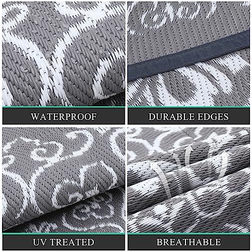 Pauwer Waterproof Outdoor Rug 6ft, Reversible Plastic Straw Patio Camping Rug, Indoor Outdoor RV Mat Carpet for Deck, Camper, Porch, Balcony, Backyard, Picnic, Floral Grey - color: Floral Grey, size: 6' (Round)