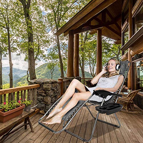 VINGLI Upgraded Zero Gravity Chair Set of 2 Lounge Outdoor Chairs with Trays and Pillows, Folding Patio Recliner Chairs for Backyard Poolside Garden - color: Grey