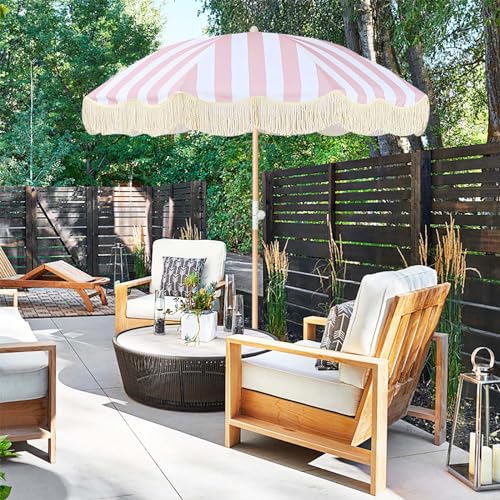 Lefedrasticity Boho Outdoor Umbrella with Tassels,6ft Table Umbrella Outdoor Patio with Knobs Tilt,Wind Resistant Portable Beach Umbrella UPF50+ Fringe Umbrellas For Pool Backyard Deck Garden - color: Pink Stripe
