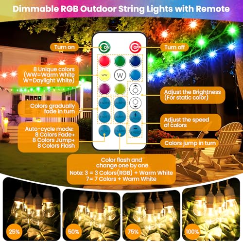Larkvue 96FT(2X48FT) RGBW Outdoor String Lights with Remote, Patio Lights with 30+3 Vintage S14 Dimmable Waterproof Bulbs for Yard Party Decor, White - color: White