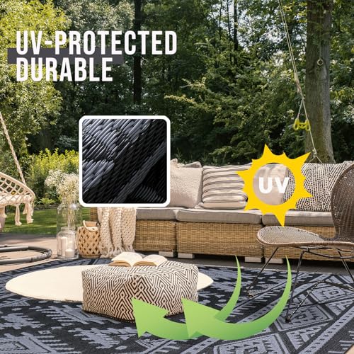 OLANLY Outdoor Rug Waterproof 6x9 ft, Reversible Outdoor Plastic Straw Rug, Boho Patio Rug, Indoor Outdoor Carpet, RV Mat Outside for Patio, Camp, Picnic, Balcony, Deck, Backyard, Black & Grey - color: Black & Grey, size: 6' X 9' (Rectangular)