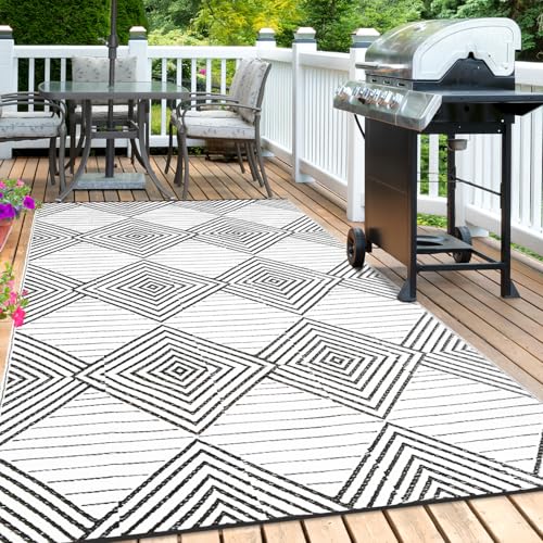 DiiKoo Waterproof Outdoor Rug 8x10ft, Foldable Reversible Plastic Straw Mat for Patio RV Deck Porch Backyard Balcony Camping Picnic Beach Indoor Outdoor, Black&White