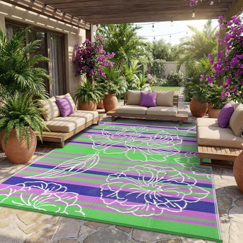Garvee 9x12 Outdoor Waterproof Rug, Floral Outdoor Area Rug，Reversible Plastic Straw Patio Rug, Portable Camping Mat for RV, Picnic, Beach, Balcony, Garden & Camping Green - color: Green, size: 9' x 12' (Rectangular)