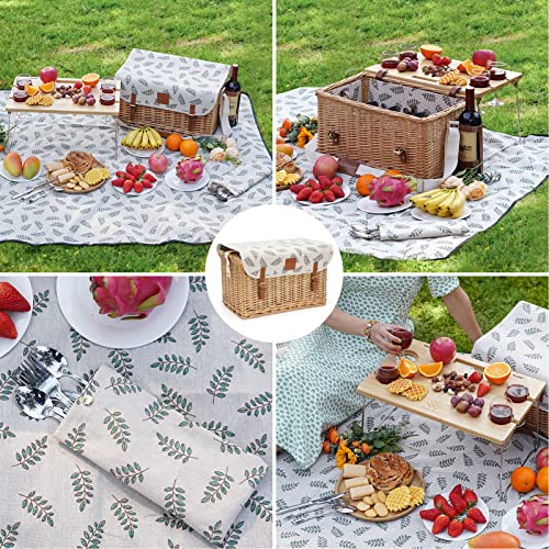 WILLOW WEAVE Picnic Basket with Table, Wine Picnic Basket Set 4, Wicker Picnic Basket for 4, Willow Hamper Service Gift Set with Blanket & Portable Wine Snack Table for Camping and Outdoor Party - size: L for 4P-Leaf