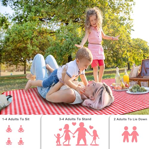 SAMSIER Outdoor Picnic Blankets Waterproof Foldable Sandproof, Extra Large Gingham Cute Picnic Mat Washable Portable for Park Beach Camping Courtyard (Red, 80"×80") - color: Red, size: 6'8" x 6'8" (Square)