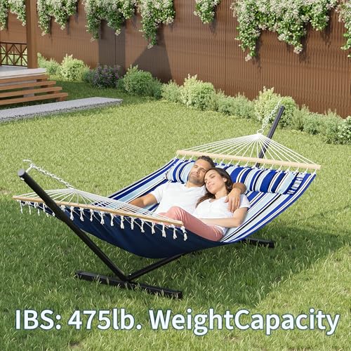 Double Hammock with Stand for 2 Person, Outdoor Freestanding Hammock Bed with 475lb Capacity - Heavy Duty Steel Frame, Quilted Pillow & Portable Carry Bag, Easy Assembly, Blue - color: Blue - Widened