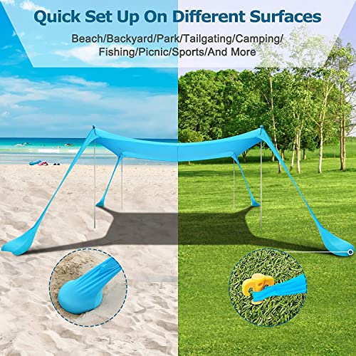 COMMOUDS Beach Tent Sun Shelter - UPF50+ Pop Up Beach Canopy with Sandbags & Sand Shovel & Windproof Poles, Portable Sun Shade for Beach, Camping, Picnics, Backyard - color: Sky Blue, size: 7x7 Ft 4 Pole