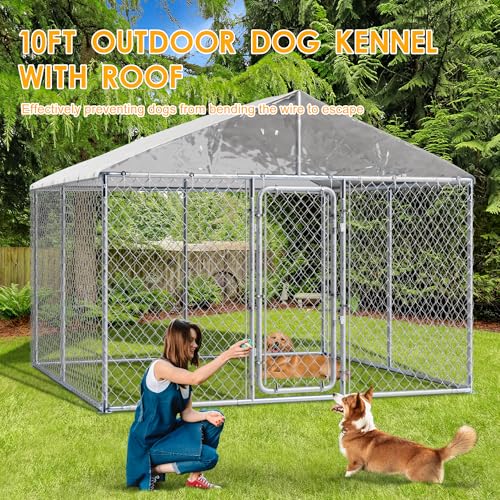 10 FT Large Outdoor Dog Kennel with Roof Heavy Duty Dog Kennel House, Galvanized Chain Link Dog Runs Pet Playpen with Waterproof UV-Resistant Cover and Secure Lock - size: 118.0"L x 118.0"W x 183.0"H