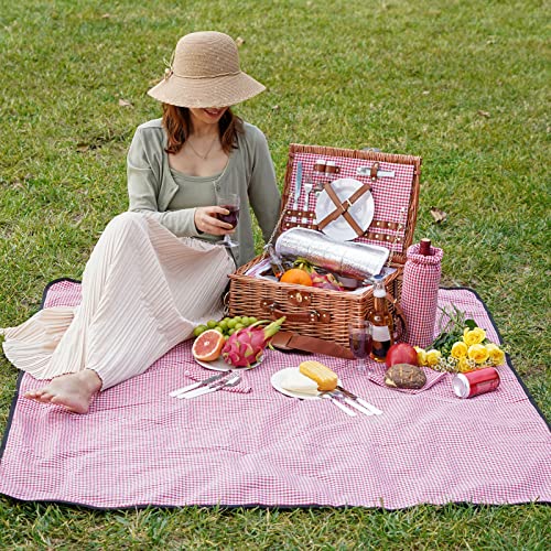 Picnic Basket for 2, Picnic Baskets with Waterproof Blanket, Picnic Hamper Set with Washable Beach Mat & Large Insulated Cooler Compartment, Handmade Natural Wicker Hamper for Camping, Outdoor Party - style: RedCheck-2P