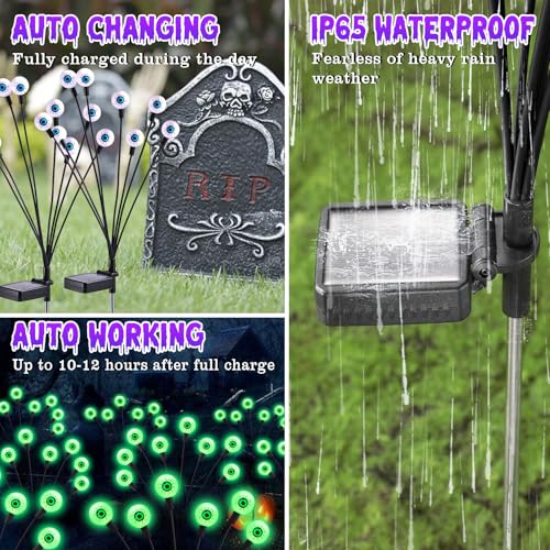 ASMAD Scary Solar Eyeball Lights, Waterproof Swaying Firefly Path Lights for Outdoor/Halloween Decorations/Garden/Yard/Patio/Party Decor, Green Eyeball, 4 Pack, 32 LEDs - color: Halloween Decor Lights 4Pack-32LEDs