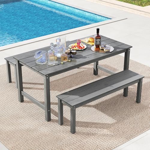 Tangkula 3 Pieces Outdoor HDPE Dining Table Set with 2 Benches, Weather Resistant Patio Furniture Set with 1.77” Umbrella Hole and Wood-Like Surface for Garden, Backyard and Poolside (Gray, 3 Pcs) - color: Grey, size: 3 Pcs