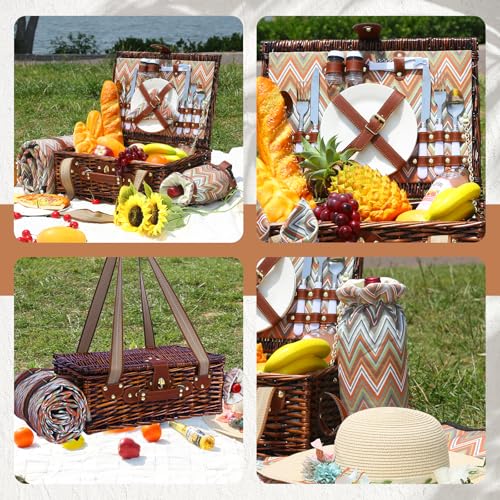 Neti Neti Wicker Picnic Basket for 2 Boho with Insulated Cooler & Waterproof Blanket – Large Willow Picnic Hamper for Outdoor, Camping, Beach, Romantic Dates, Valentine’s Day - color: Boho 3