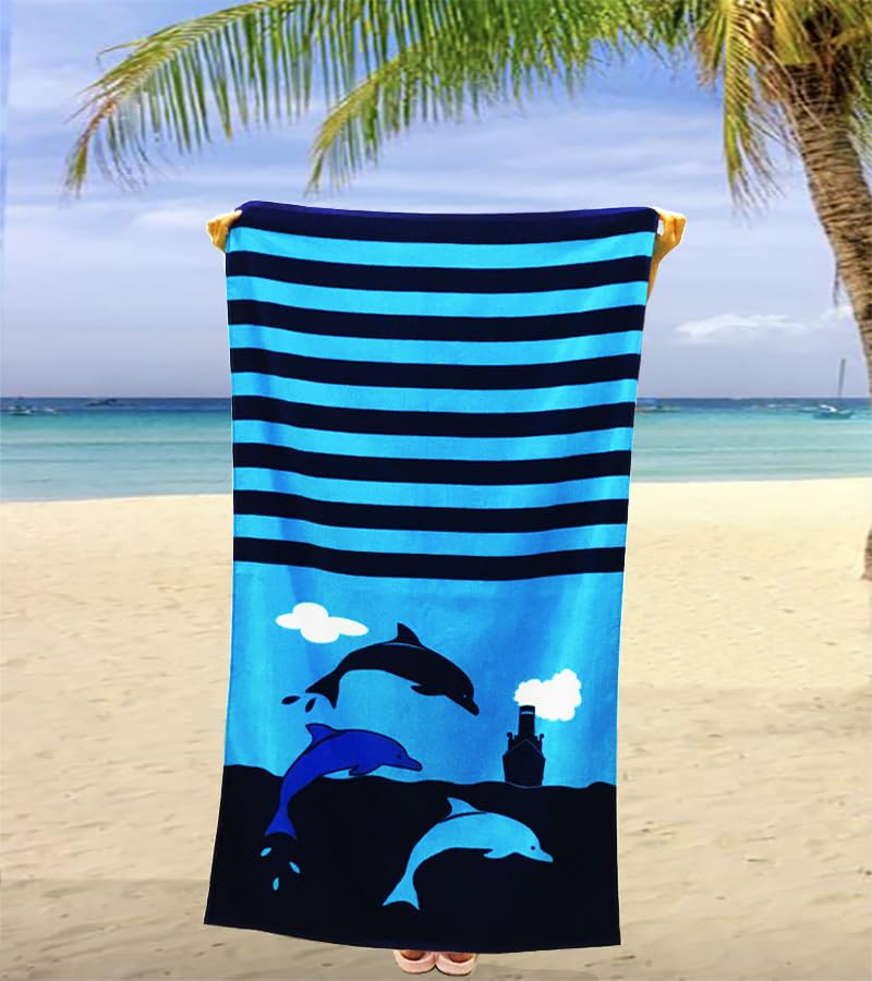 2 Pieces Beach Towels Velvet Terry Blanket Throw Soft Water Absorption Extra Large XL 34x63 inches 100% Cotton for Bath Swimming Sports School Travel Camping and Picnic, Dolphin Vessel. - color: Dolphin, size: 63.00"x34.00"