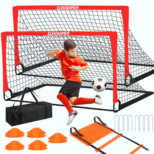 Kids Soccer Goals for Backyard, 2 of 6 x 4 ft Kids Soccer Goal Set Soccer Net with 10 Soccer Cones, Agility Ladder & Carry Bag, Portable Soccer Training Equipment. - color: Red