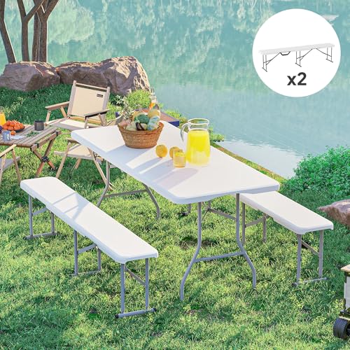 Outsunny 2-Pack 6 Ft. Plastic Folding Benches, Portable Foldable Bench Seats with Carrying Handle, Non-Slip Mat, HDPE Tabletop, Picnic Benches for Camping Dining Picnic BBQ Sports, White - color: White