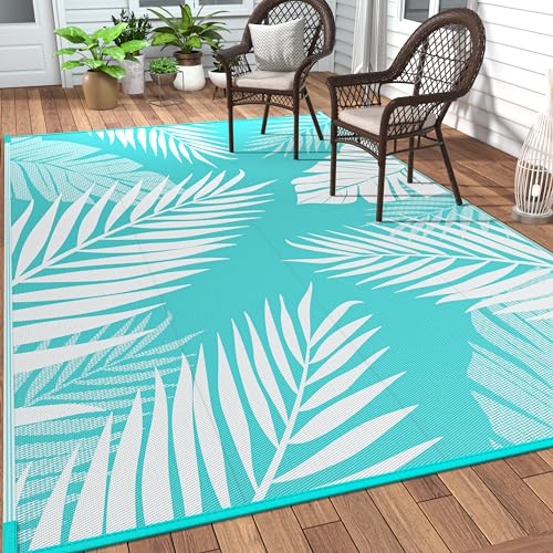 GENIMO Outdoor Rug 6' x 9' Waterproof for Patios Clearance, Reversible Outdoor Plastic Straw Camping Rug Carpet, Large Area Rugs Mats for RV, Camper, Deck, Balcony, Porch, Beach, Aqua Blue&White - color: Aqua Blue & White | Waterproof, size: 6' x 9' (Rect