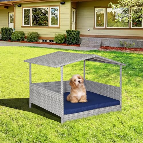 Tangkula Wicker Dog House, Indoor Outdoor Raised Rattan Dog Bed w/Removable Cushion, Washable Cover, Weatherproof Roof, Rattan Puppy Shelter w/Elevated Floor for Small Medium Dogs (Grey & Navy) - style: Grey House & Navy Cushion