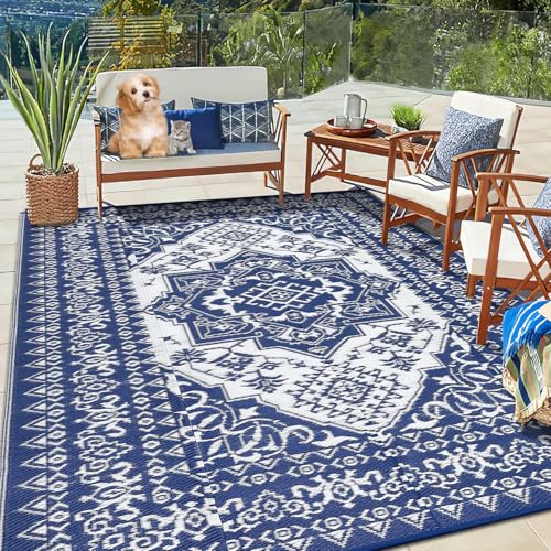 GlowSol Outdoor Rug 9x12 Waterproof Outdoor Plastic Straw Rug for Camping with Carry Bag,Reversible Easy Cleaning Portable Vintage Floor Mat Outside Carpet for RV Patio Backyard Deck Picnic,Navy - color: Vintage Navy/White, size: 9' x 12' (Rectangular)