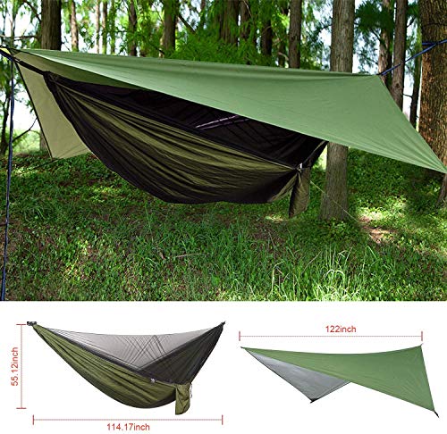 Camping Hammock with Rain Fly Tarp and Mosquito Net Tent Tree Straps, Portable Single Double Nylon Parachute Hammock Rainfly Set for Backpacking Hiking Travel Yard Outdoor Activities Green - color: Green