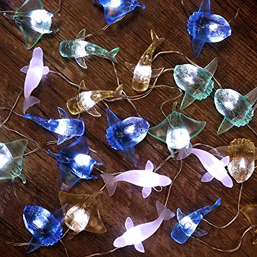 Nautical Solar Lights for Outside Sea Fish Outdoor Garden Decor Marine Fairy Garden Light Waterproof Whale Shark Mola Manta Ocean Solar Outdoor Decorative String Lights 14ft 40LED Patio Yard Decor - style: Ocean fish