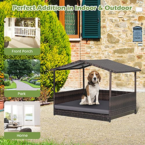 Tangkula Wicker Dog House, Indoor Outdoor Raised Rattan Dog Bed w/Removable Cushion, Washable Cover, Weatherproof Roof, Rattan Puppy Shelter w/Elevated Floor for Small Medium Dogs (Grey) - style: Grey