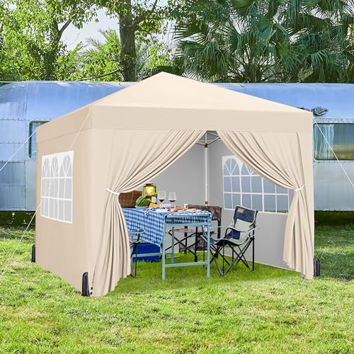 Yaheetech 10x10 Pop Up Canopy with 4 Removable Sidewalls, Portable Enclosed Instant Tent, Waterproof Outdoor Tent, Beach Sun Shelter with 4 Sandbags, 12 Stakes & 4 Ropes, Beige - color: Beige, size: 10x10