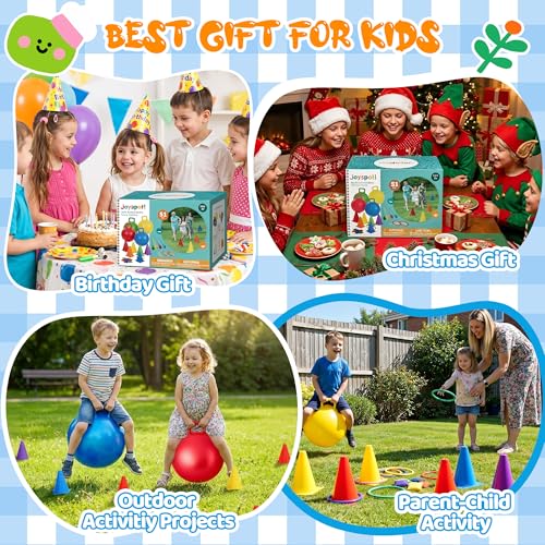 JOY SPOT! Carnival Outdoor Games Combo Set for Kids, 18 Inch Hopper Balls with Handles, Ring Toss, Bean Bags, Egg Spoon Relay Race, Fun for Backyard, Field Day, School, Birthday Parties, Family Events - style: Deluxe