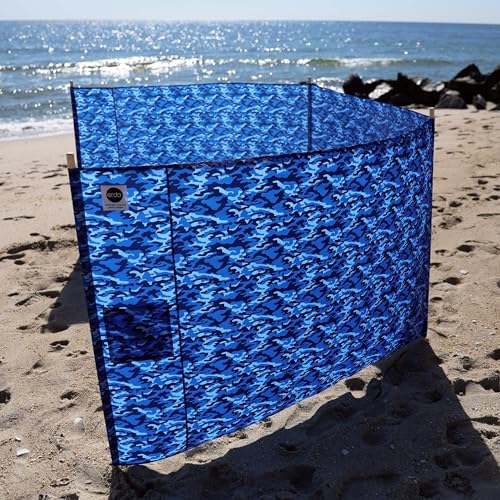 Ocean Camo Elite Beach Recycled Polyester Rip-Stop Extra Tall 42" Lightweight Windscreen, Privacy Screen, Wind Blocker, Free Matching Shoulder Bag (NEW Mahogany Wood Poles)