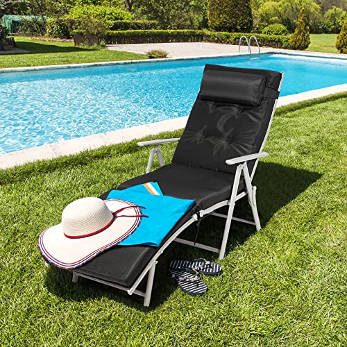 Giantex Chaise Lounge Chair for Outside, Pool Folding Reclining Beach Chair W/Removable Cushion&Headrest Pillow, Outdoor Lounge Chaise w/ 7 Backrest Positions, Portable Patio Lounger (1, Black) - color: Black